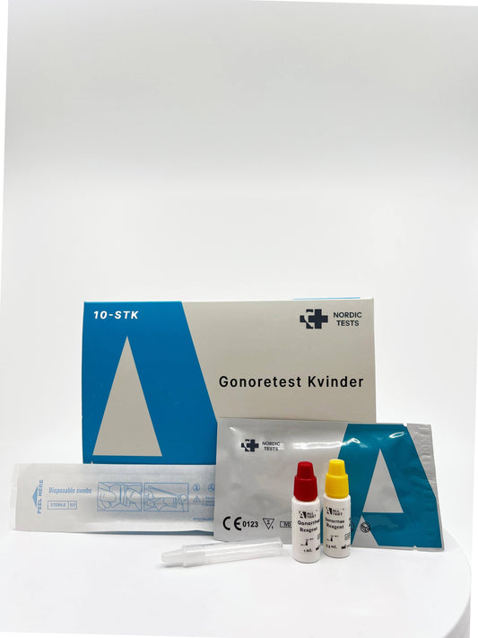 Produktbillede af gonoretestkit designet specifikt til kvinder. I dette produkt medfølger 10 gonoretests.