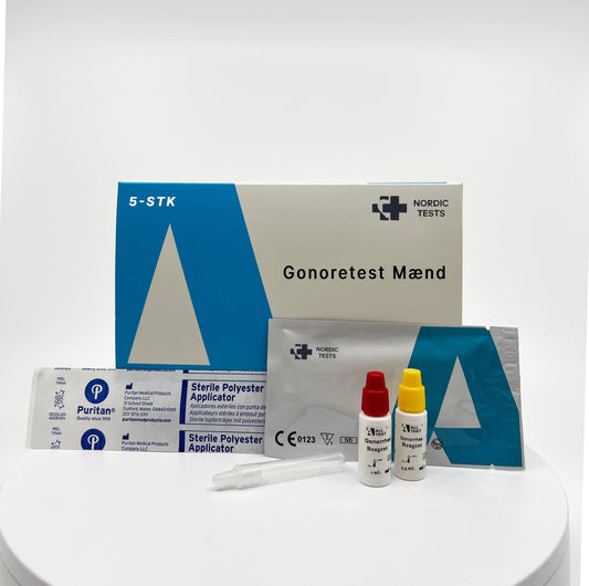 Produktbillede af gonoretestkit designet specifikt til mænd. I dette produkt medfølger fem gonoretests.