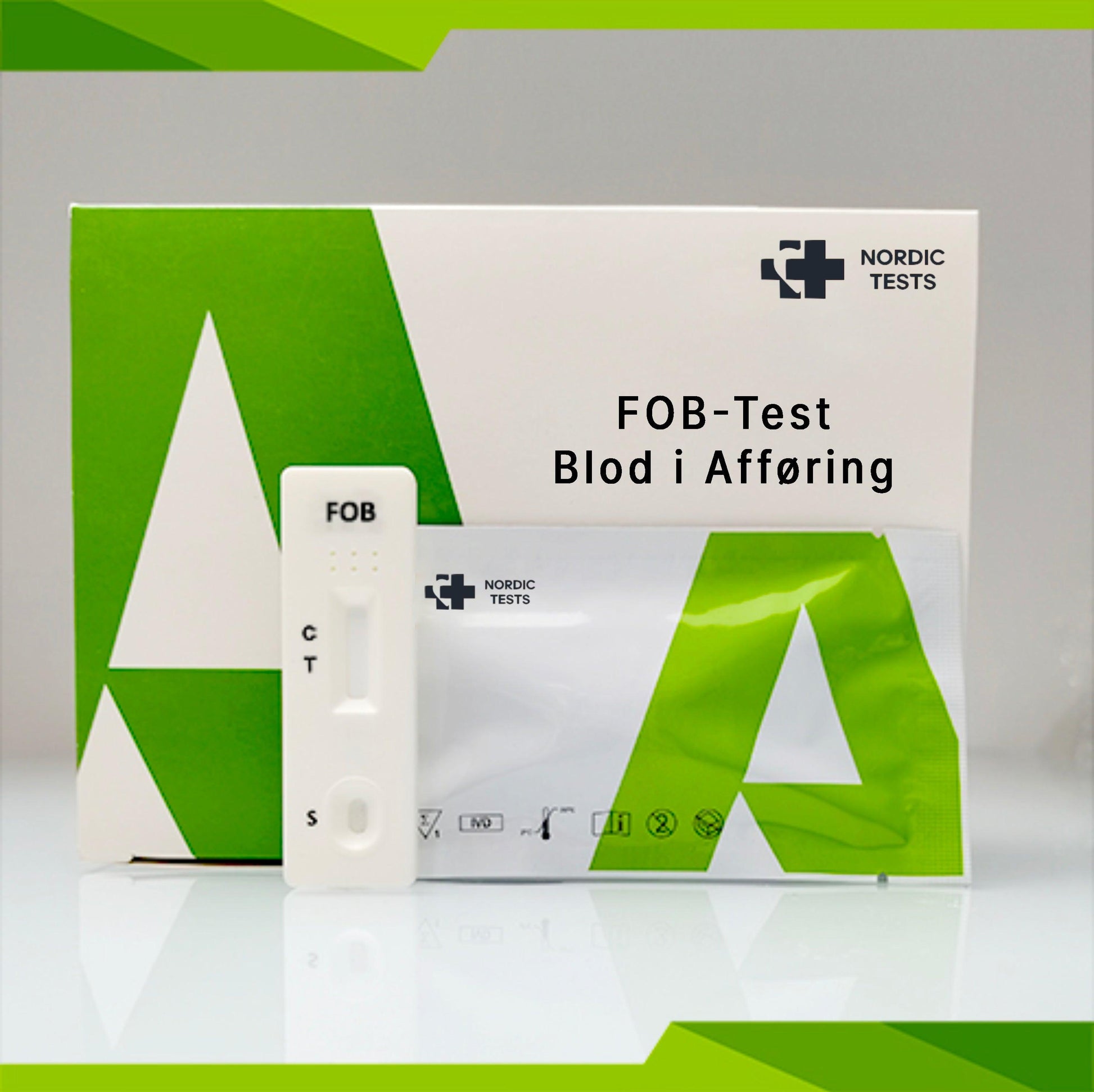 Produktbillede af en testkit for blod i afføring (FOB). Produktet er en hjemmetest.