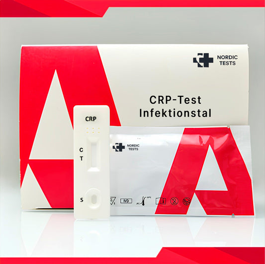 Produktbillede af CRP-testkit til detektion af infektionstal i blodprøver. Billede af et komplet sæt til måling af infektionstal via CRP-test.