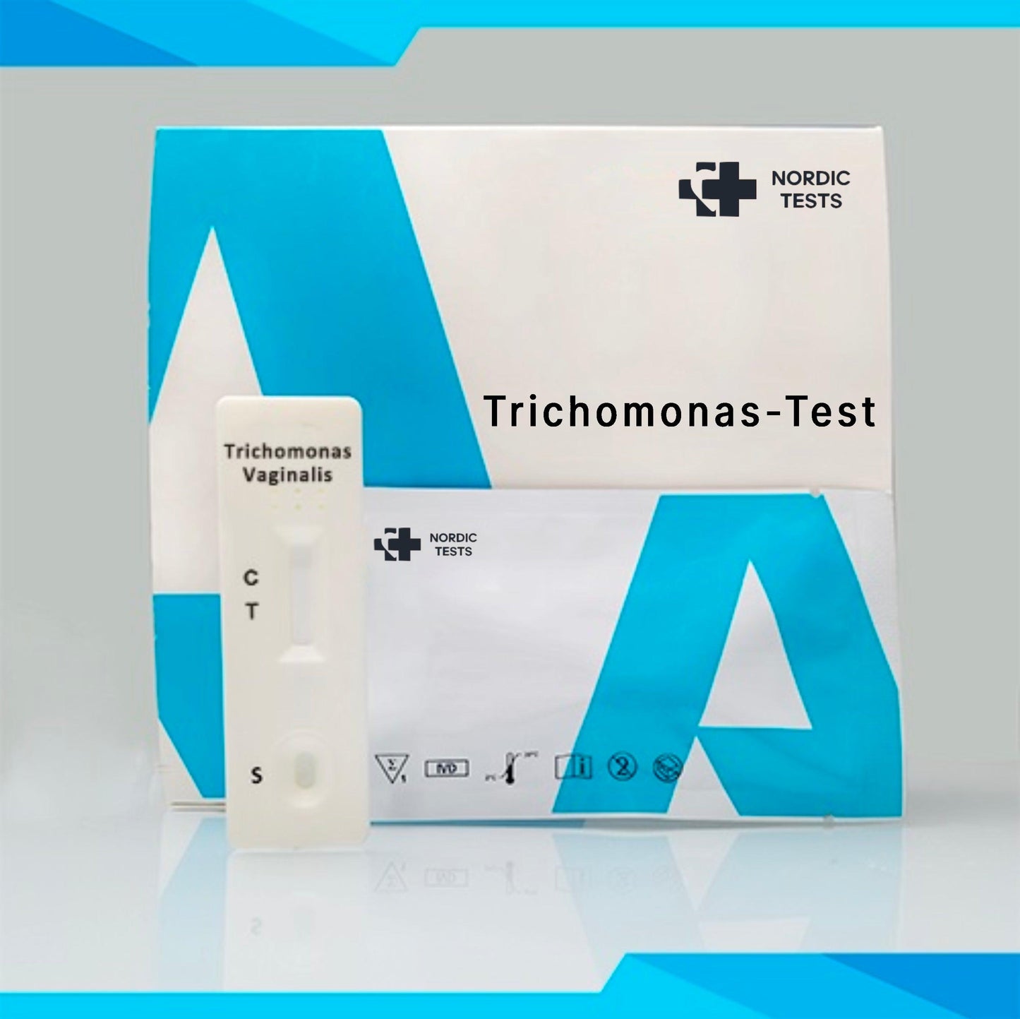 Trichomonas Vaginalis testkit med prøveindsamlingsredskaber og resultatindikator.